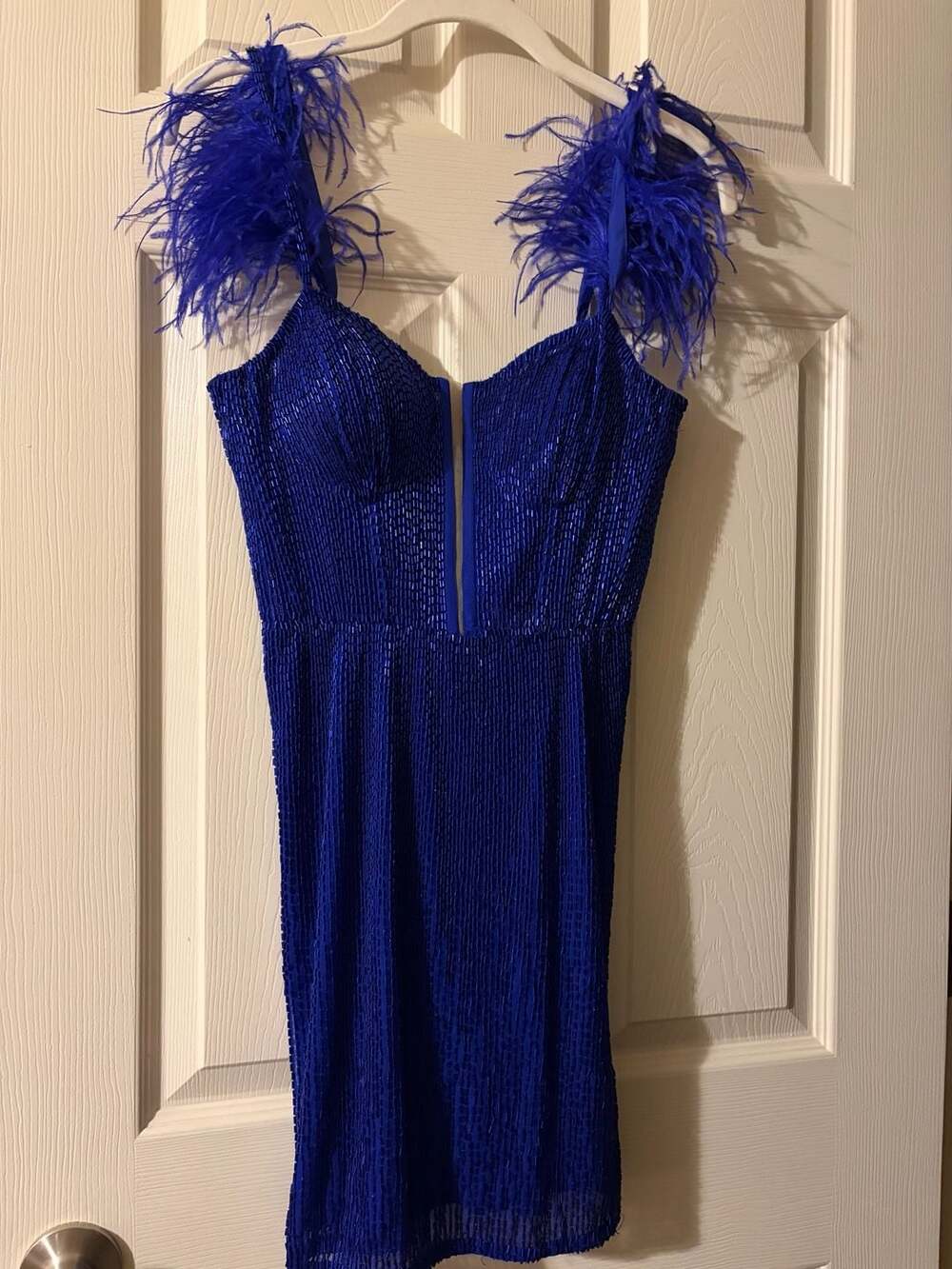 ASHLEYlauren 4588 Royal Blue Beaded Feather Corset Homecoming Dress